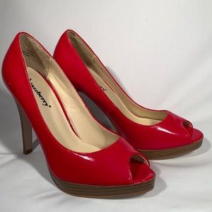 Jazzberry ‘Keira’ Red patent-leather 4” Heel open-toe Platform Pumps